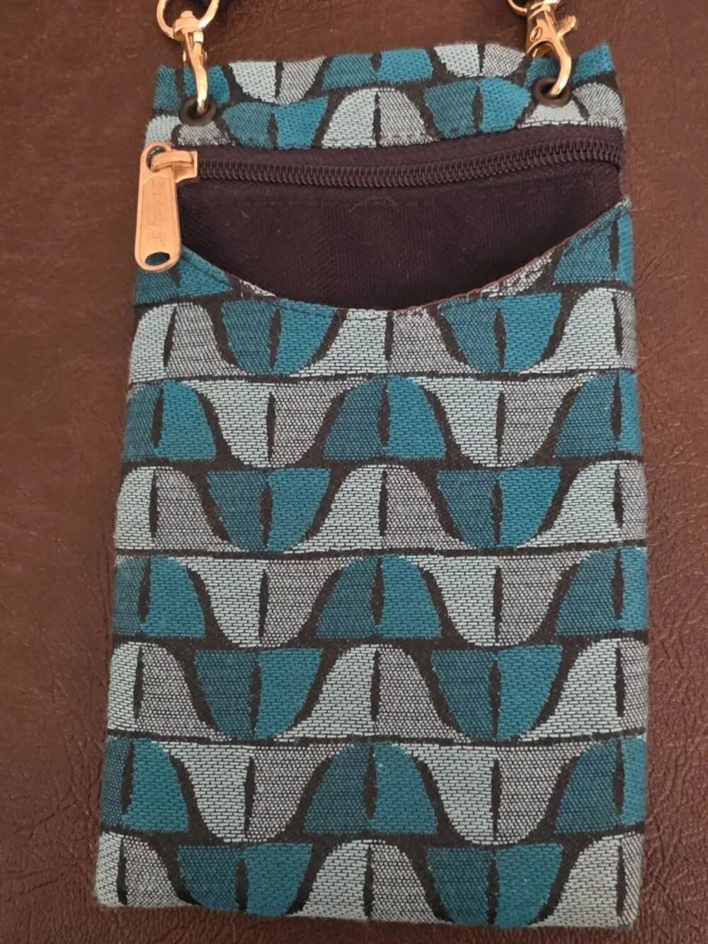 Danny K Tapestry Crossbody Bag with zip closure and black nylon strap